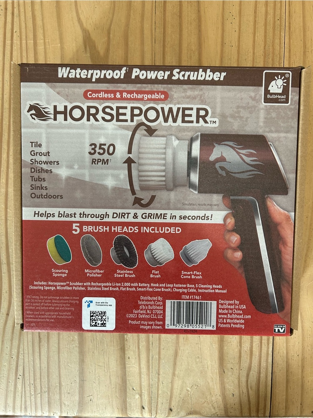 Waterproof Horsepower Power Scrubber Cordless in Brown with 5 Cleaning Heads-NEW